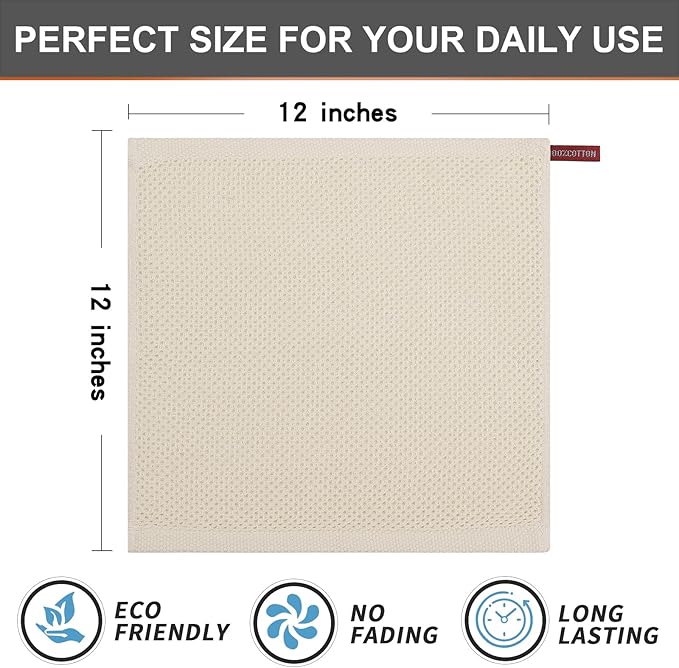 Kitinjoy 100% Cotton Kitchen Dish Cloths (12 X 12 Inches, Beige), 6-Pack Waffle Weave Dish Towels for Drying Dishes Super Soft Absorbent Quick Drying Dish Rags