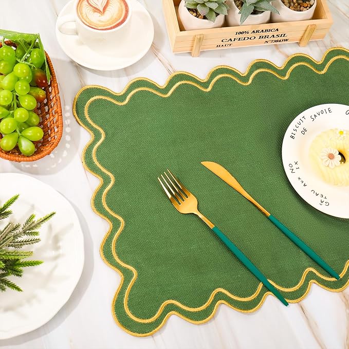 Whaline Sage Green Linen Placemats Embroidered Scalloped Kitchen Place Mats for Spring Party Home Dining Table Decor, Set of 8, 13 x 19 in