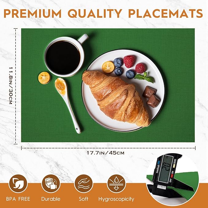 Placemats Set of 6 Linen Type Fabric Cloth Placemats, 18x12 Inch Double Layered Thick Wrinkle Free Heat Resistant Table Place, for Dining, Kitchen, Party (45 * 30cm, Dark Green)