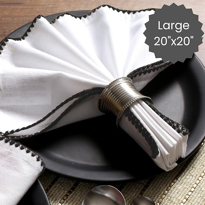 Cotton Clinic Cloth Napkins with Trim - Everyday Use Table Dinner Napkins - Soft Durable Washable - Ideal for Dinner Party Wedding Christmas Easter - Set of 12-20x20 inches Black White Napkins