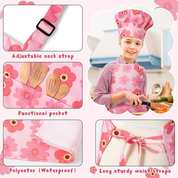 GROBRO7 4Pcs Pink Theme Kids Apron and Chef Hat Set Gift for Girls, Floral Butterfly Adjustable Kitchen Beginner Toddler Aprons with 2 Pockets Waterproof Smocks for Baking Cooking Painting Training