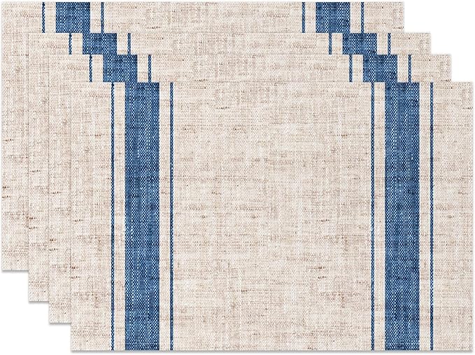 CSFOTO Modern Minimalist Line Decorative Placemats Set of 4 Heat-Resistant Non-Slip Kitchen Table Mats Khaki Woven Rectangle Placemats for Dining Table 18"x12" Washable, Blue Stripe