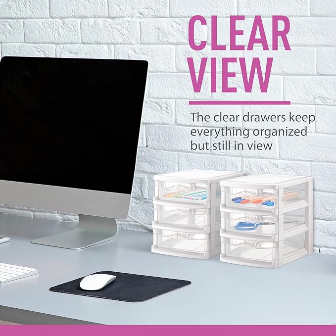 Tribello 3 Drawer Plastic Storage, Mini Drawer Unit, White Frame With Clear Drawers for Craft Storage - 10"L X 7.5"W X 8"H Inches - (2 Pack)
