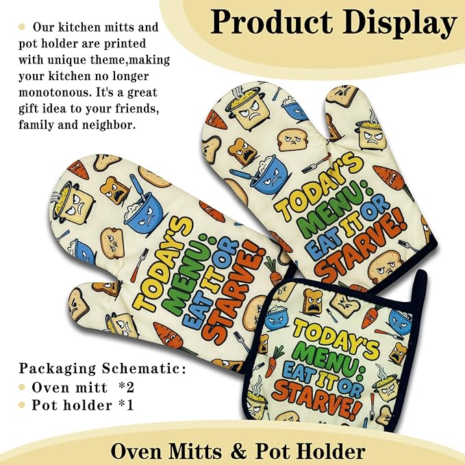 Funny Oven Mitts and Pot Holders Set of 3, Today's Menu Eat It or Starve, Heat Resistant Non-Slip Kitchen Mitts Hot Pads, Humor Kitchen Decor Gifts for Women Men Chef Friend Cooking Lovers