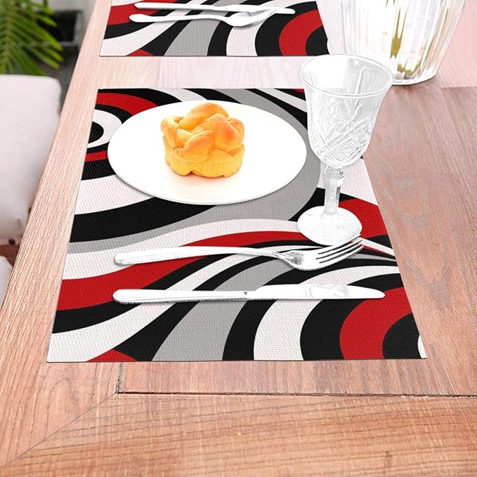Black Red Retro Modern Swirl Linen Placemats Set of 4, Washable Heat Resistant Table Mats for Dining Table Kitchen Party Holiday Outdoor Farmhouse Gardening, Kitchen Home Decor, Black Red White Grey
