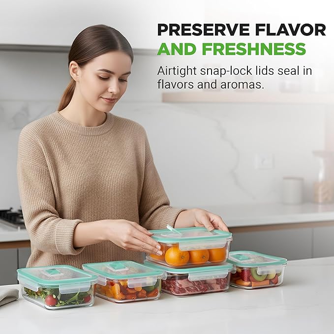NutriChef 10 Piece Glass Food Storage Containers with Lids – 30 oz Meal Prep Containers Reusable Glass – Airtight Lunch Containers for Food Storage – Freezer to Oven Safe - Green