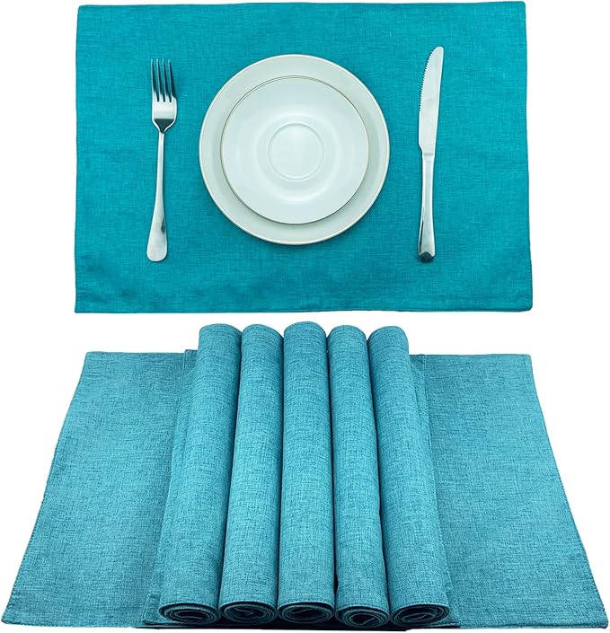 Weabetfu Cloth Placemats Set of 6 Heat Resistant Dining Table Placemmats Cotton Linen Machine Washable Kitchen Table Mats Wrinkle Free Thick Fabric Place Mat,Easy to Clean,13"x19" Teal