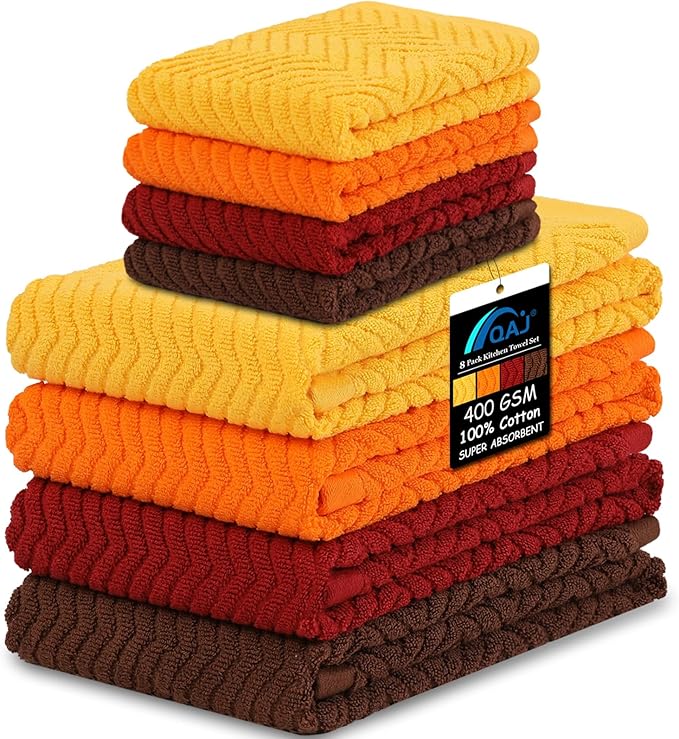100% Cotton Kitchen Towels and Dishcloths Set, Pack of 8 Super Absorbent 16" x 25" Kitchen Towels and 13" x 13" Dish Cloths (400 GSM)