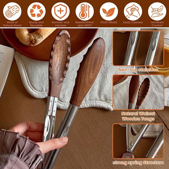 Cooking Set of 6 (3 Natural Walnut Wooden Kitchen Tongs 7",9",12",Self-Adhesive 304 Stainless Steel Hook)【Xhiver】- For Grilling, Serving, BBQ, Salad Tossing | Ergonomic Grip, Heat Resistant, Pull Lock