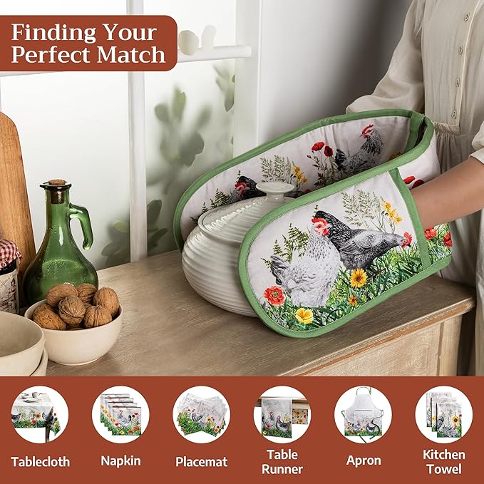 Maison d' Hermine Double Oven Mitts 100% Cotton 7"x35" Double Oven Mitt Heat Resistant BBQ Cooking Gloves with Loop Baking Grilling Gifts for Mothers Day Spring Summer (Basse Cour)