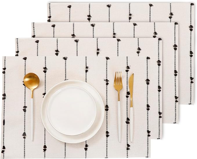 Boho Placemats 13 x 19 Inch Set of 4 for Dining Table Decor Woven Cloth Place Mats for Farmhouse Rustic Kitche Home Decor Cotton Placemats Black and Beige Table Mats