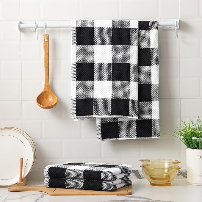 Mordimy 100% Cotton Waffle Weave Kitchen Towels, 20 x 28 Inches, Super Soft and Absorbent Buffalo Check Large Dish Towels for Drying Dishes, 4-Pack, Black & White