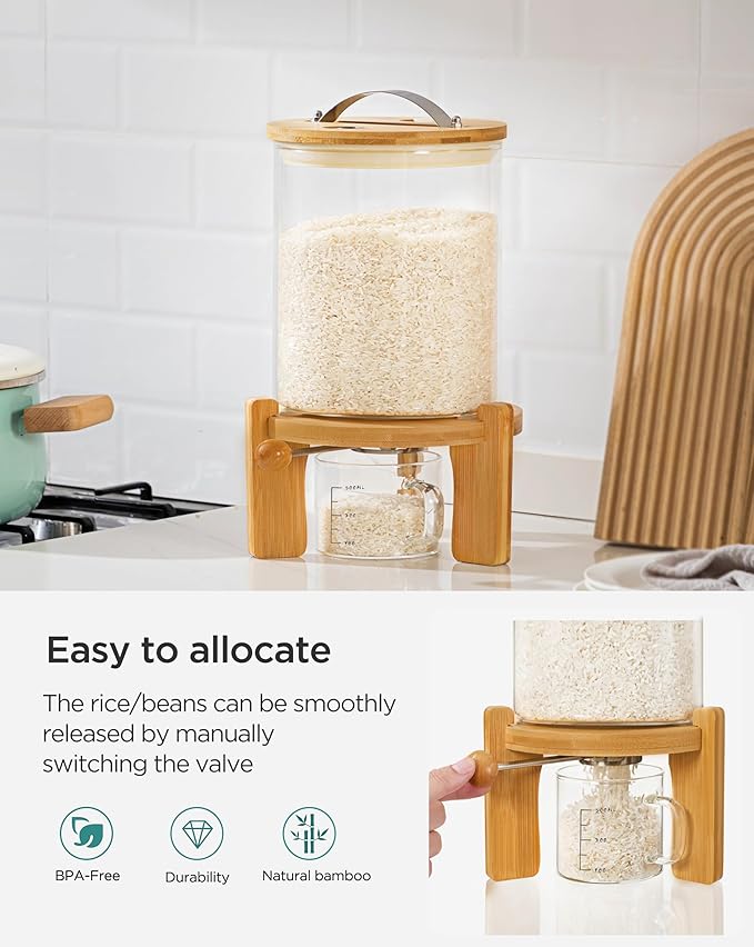 5-7 Lbs Glass Rice Dispenser with Wooden Stand Flour and Cereal Container with Glass Measuring Cup Pantry Food Organization Storage Bin with Airtight Bamboo Lid, 3L