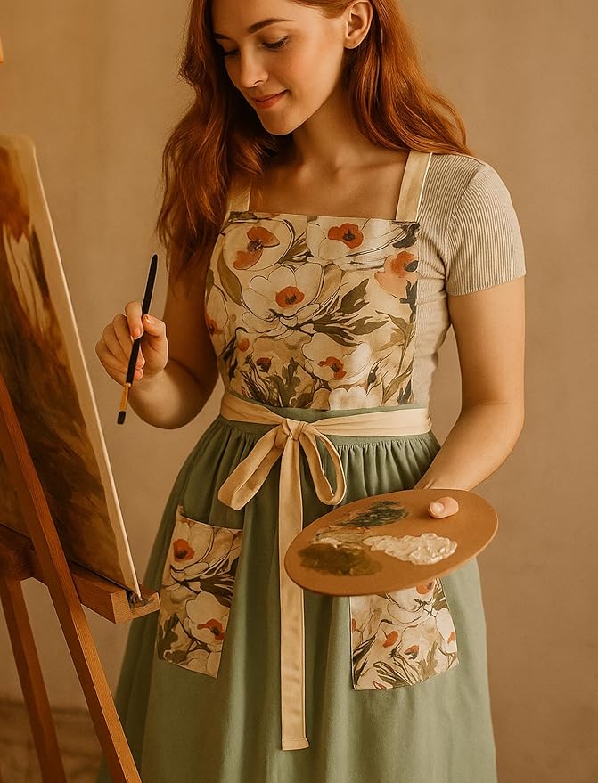 Pinknoke Vintage Pinafore Apron Dress for Women with Pockets Cute Floral Chef Aprons for Kitchen Cooking Baking Gardening