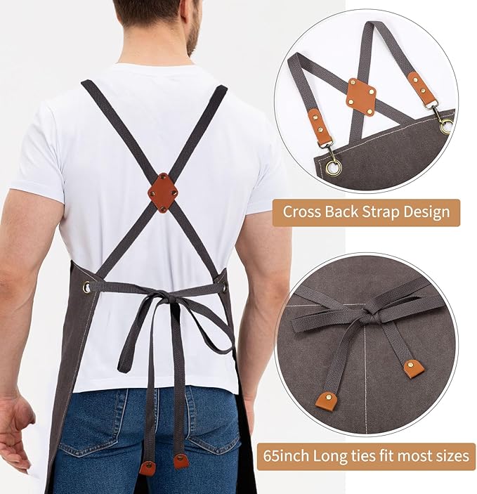 Work Aprons for Men Women with 9 Pockets Chef Apron 14oz Cotton Canvas Cross Back Aprons Heavy Duty Apron Gray Tool Apron for Woodworkers Kitchen Cooking Apron Waterproof Apron Size M to XXL