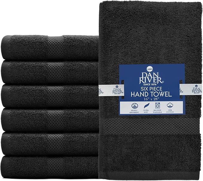 DAN RIVER 6-Pack Premium Hand Towels (16x28 Inches) - 100% Cotton, Ultra Soft, Lightweight, Highly Absorbent Towels for Bathroom, Spa, Gym, Salon, Hotel, and Travel - Black