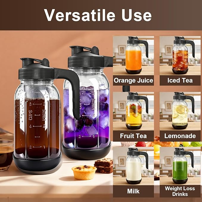 2 PCS Cold Brew Coffee Maker,64 oz Mason Jar Pour Spout Lid, Refillable Stainless Steel Filter,Non-slip Silicone Sleeve for Glass Pitcher, Homemade Beverage,For Home Baristas & Coffee Enthusiasts