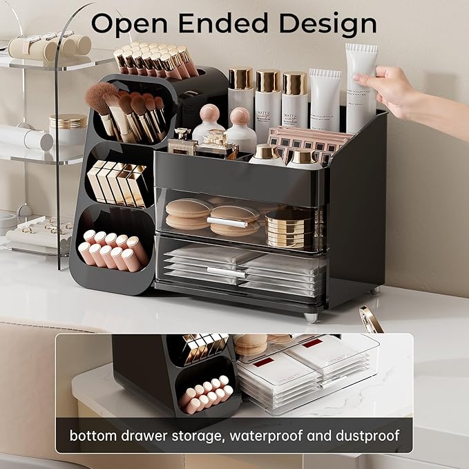 Makeup Organizer for Vanity with Brush Holder, Large Plastic Bathroom Countertop Skincare Organizer with 2 Drawers, Spacious Cosmetic Display Case for Perfumes, Eyeshadow Palettes, Nail Polishes