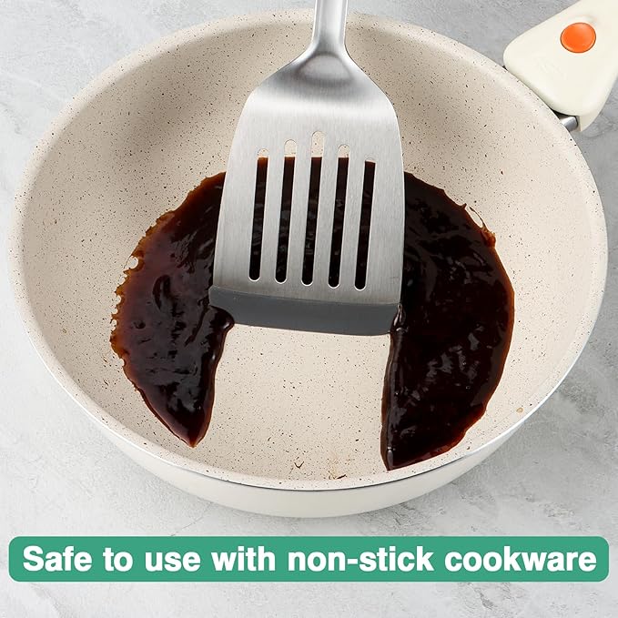 Silicone Spatula - Slotted Turner Fish Spatulas for Nonstick Cookware - Stainless Steel Pancake Flipper Perfect for Steak, Burger, Pizza, Egg - Comfortable Grip - Dishwasher Safe - 13.86 inch