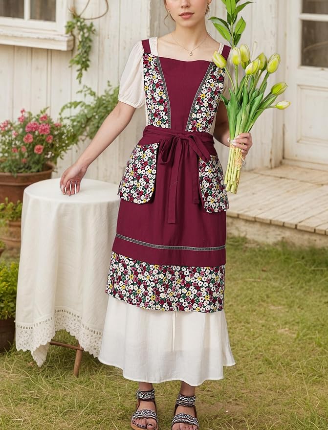 Pinknoke Kitchen Aprons for Women with Pockets Cute Vintage Chef Pinafore Apron for Gardening Cooking Baking Painting