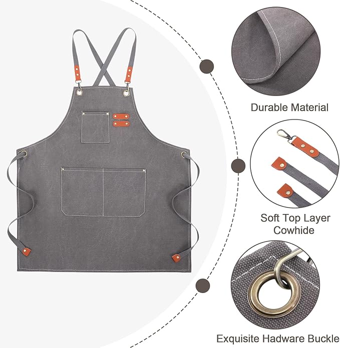 Toulite 4 Pack Canvas Chef Apron for Men with Adjustable Strap Cross Back Cotton Barber Apron with Pocket, 26 x 30''