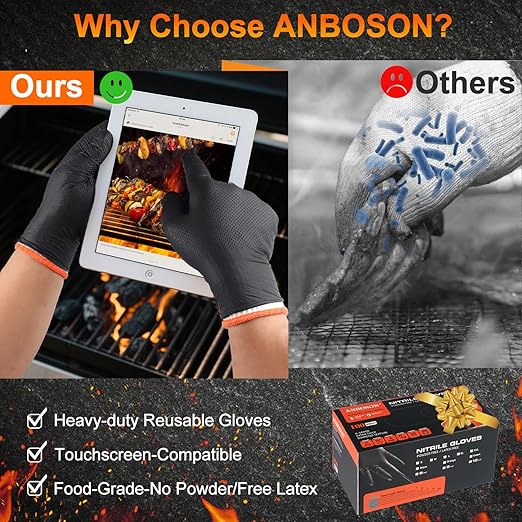 ANBOSON BBQ Gloves for Grilling Disposable Heat Resistant - 100 Nitrile Gloves + 4 Reusable Cotton Liners for Barbecue Smoker, Cooking Hot Meat - 10Mil Thick, Non-Slip Grip - Black Large