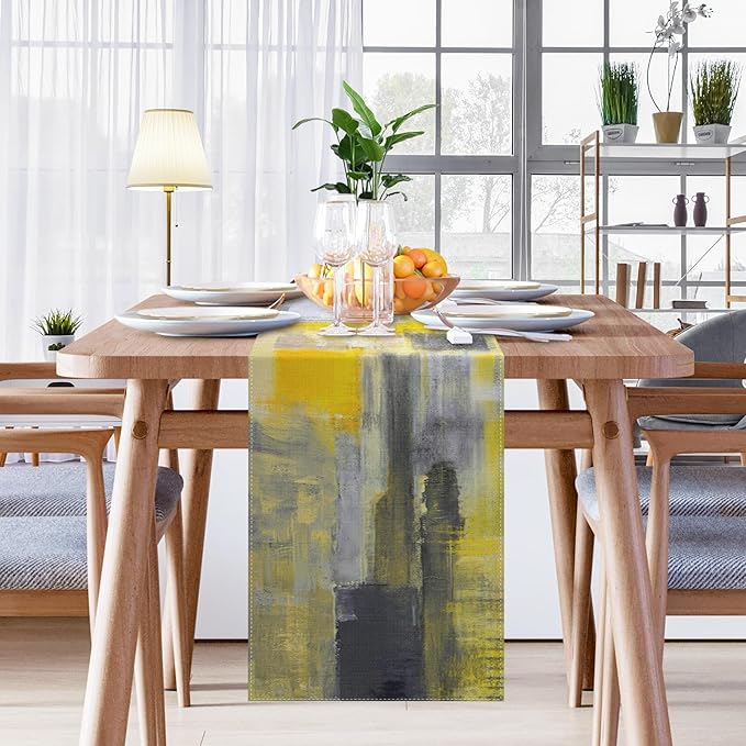 Emvency Modern Table Runner, Yellow and Grey Abstract Art Painting for Kitchen Coffee Table Family Dinners Holiday Parties Wedding Events Decor(13x72 inch)
