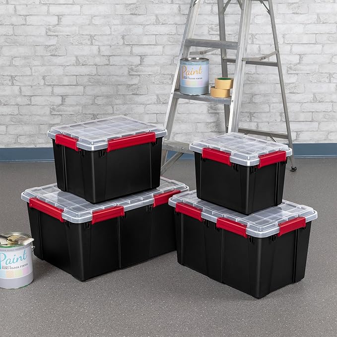 Sterilite 12 Pack 5 Gallon Gasket Box, Stackable Plastic Storage Container with Lids, Black - Waterproof and Dustproof Tote for Home Organization