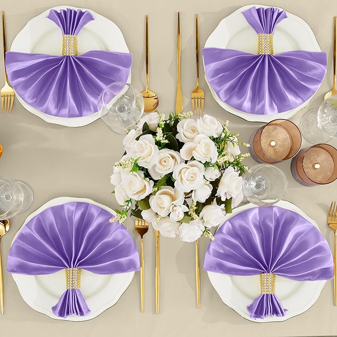 RUDONG M 100 Pcs Light Purple Satin Napkins and Napkin Rings Set, 17 x 17 Inch Square Cloth Napkins Set of 50, Silky Soft Table Napkins Bulk for Weddings, Banquet, Parties Dinner Decoration