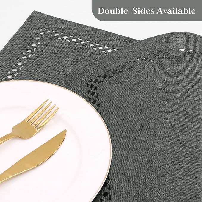 Linen Cloth Placemats Set of 4, HADEEONG 12 x 18 Inch Hollow Edge Place Mats Washable Heat Resistant Placemats Cloth Table Mats for Dining Table Home Decor (Dark Grey, 4)