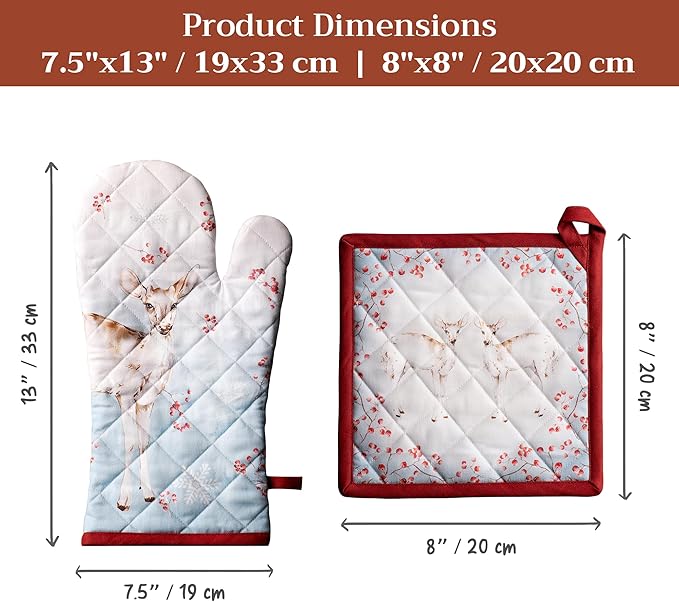 Maison d' Hermine 100% Cotton Oven Mitt & Pot Holder Set (7.5"x13" & 8"x8") Heat Resistant BBQ Cooking Gloves with Loop for Thanksgiving Christmas Decorations Handling Hot Pans (Fairy Tale Forest)