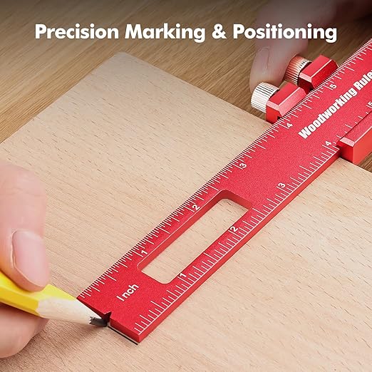 3PCS Woodworking Ruler Set, Precision Pocket Ruler with Adjustable Slide Stop, Aluminum Alloy Measuring Tool for Marking & Scribing, Metal T-Track Square Rulers, Inch and Metric (6", 8", 12")