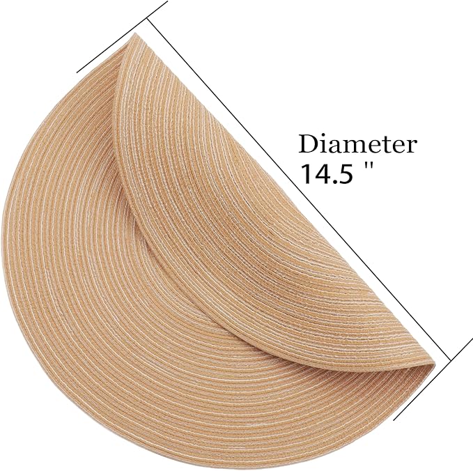 Braided Round Placemats Set of 6,Woven Washable Non-Slip Table Mats for Kitchen Dining, 14.5 Inch, Heat Resistant - Natural Fabric Indoor Outdoor Place Mats(Khaki)