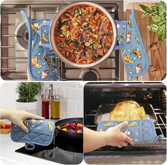 Pot Holders Set of 2 Heat Resistant 480 ℉Non Slip Clear Silicone Printed Comfortable Cotton Lining Kitchen Women Men Cooking Baking Microwave Machine Washable (Cat, Grey potholders)