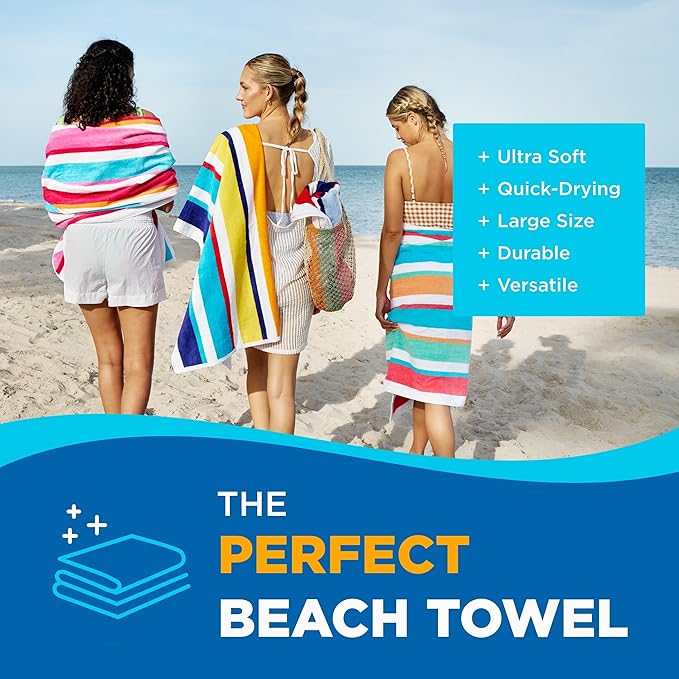 Ben Kaufman Joey Velour Colored Classic Multi-Color Stripe Beach & Pool Towel - Large Cotton Towel - Soft & Absorbant - Assorted Colors - 32” x 62” - 4 Pack
