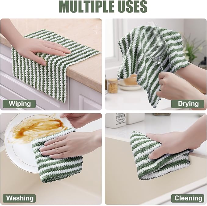 Homaxy 18 Pack Kitchen Dish Cloths, Ultra Soft and Absorbent Dish Towels, Reusable Fast Drying Microfiber Cleaning Cloth, Coral Velvet Wave Design No-lint,10 x 10 inches, Grass Green