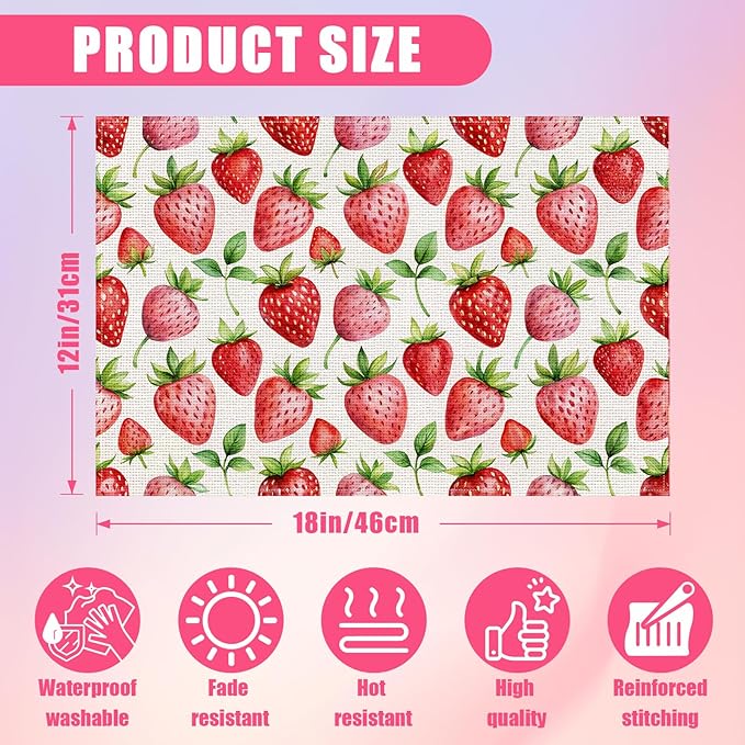Spring Summer Strawberry Placemats Set of 6,12x18 Inch Sweet Fruit Linen Place Mat Washable Stain Resistant Table Mats for Seasonal Farmhouse Kitchen Party Home Decor