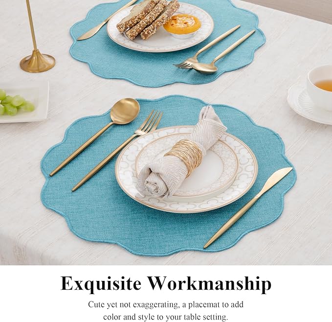 SHACOS Scalloped Round Placemats Set of 6 Polyester Linen Blend 15 inch Washable Non Slip Place Mats Easy Clean Heat Resistant Table Mats for Kitchen Dining Table Decor, Blue Green