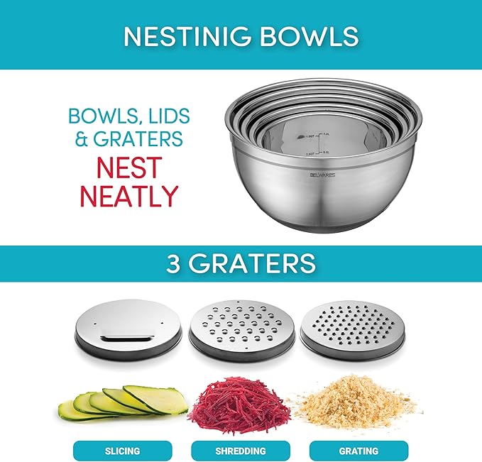 Belwares Mixing Bowls with Lids Set of 5 - Stainless Steel Mixing Bowl Set, Kitchen Nesting Metal Bowls with Non Slip Bottoms + 3 Grater Attachments, Airtight Lids, Food Prep + Storage, Matte Black