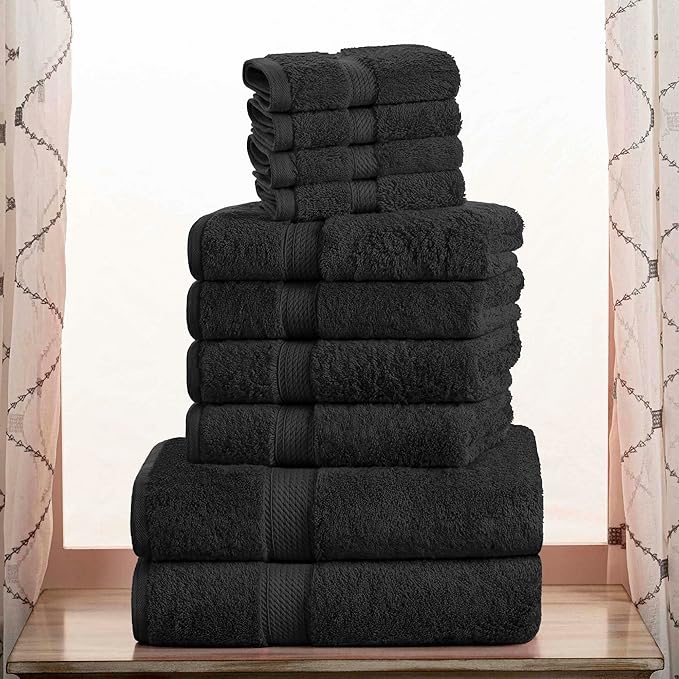 Superior Egyptian Cotton Pile 10 Piece Towel Set, Includes 2 Bath, 4 Hand, 4 Face Towels/ Washcloths, Ultra Soft Luxury Towels, Thick Plush Essentials, Guest Bath, Spa, Hotel Bathroom, Black