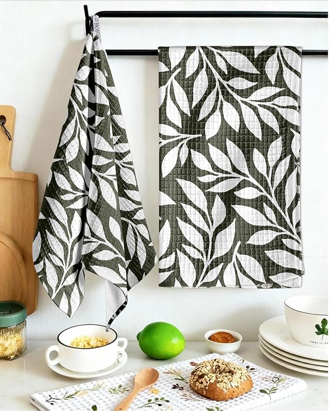 Miss Adola Cotton Waffle Kitchen Towels – Cute 370 GSM 16x25 Inch Terry Cloth Waffle Decorative Dishcloth for Kitchen Set of 2 with Hanging Loop Absorbent Hand Tea Towel for Home Design, Leaf