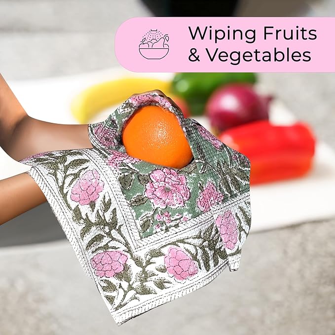 CPC Pink Tourmaline Hand Block Print Waffle Kitchen Towel Set of 3-16 x 28 Inch Ultra Absorbent Quick Dry Cotton Lightweight Reusable Sustainable Tea Towels for Cleaning and Drying Gift for Christmas