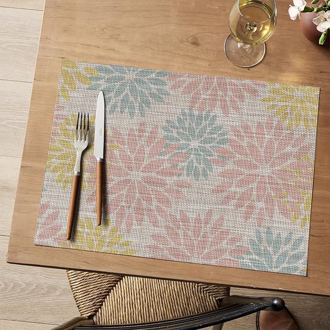 Artoid Mode Floral Vinyl Placemats Set of 4, 12x18 Inch Heat Resistant Washable Non-Slip Plistic PVC Place Mats for Party Kitchen Dining Decor, Pink Blue