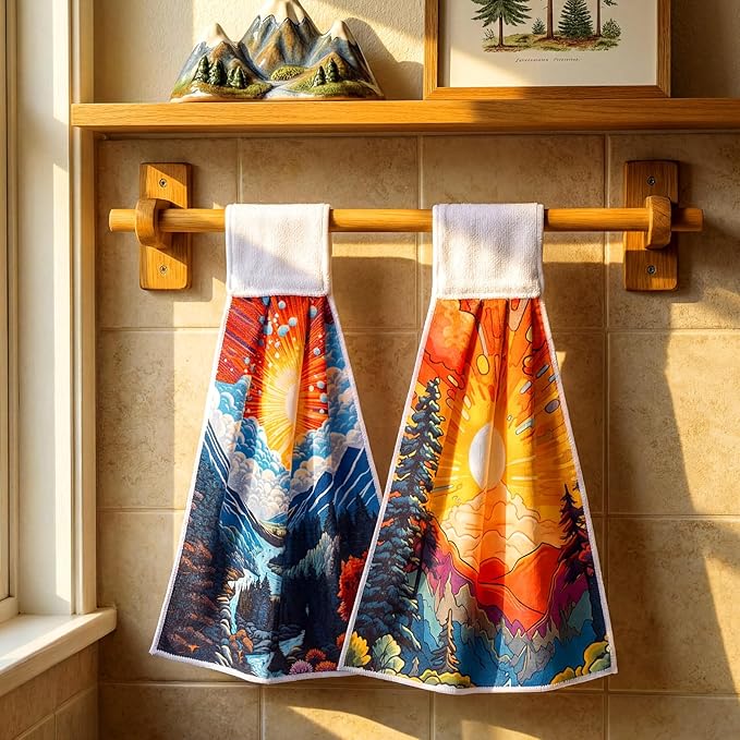 Tegeme 6 Pcs Hanging Kitchen Towels with Loop, Absorbent Hand Tie Towels Microfiber Decorative Fast Drying Kitchen Hanging Towel for Home Bathroom (Scenery)