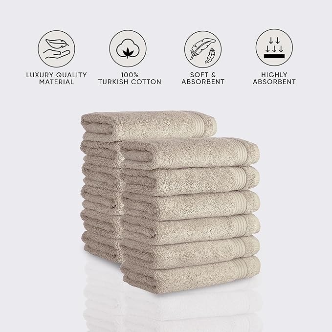 Classic Turkish Towels CTT - Premium Washcloths 12 Pack Set, 100% Turkish Cotton, Highly Absorbent & Quick Dry, Face Towels Wash Cloths for Hotel, Spa & Gym | 12"x12" (Beige)