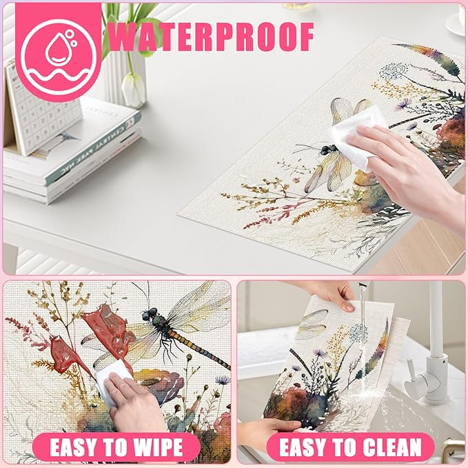 Watercolor Dragonfly Floral Placemats Set of 6,12x18 Inch Linen Place Mat Washable Stain Resistant Table Mats for Spring Summer Seasonal Farmhouse Kitchen Party Home Decor