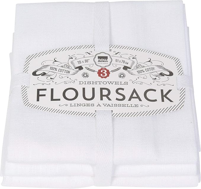 Now Designs Classic Floursack Kitchen Towels, Set of Three, White