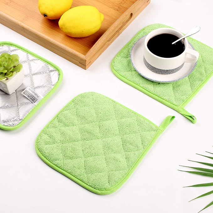 100% Cotton Kitchen Everyday Basic Terry Pot Holder Heat Resistant Coaster Potholder for Cooking and Baking Set of 5 Apple Green