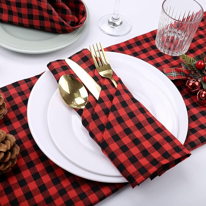 Red Buffalo Plaid Cloth Napkins Set of 6, Red and Black Checkered Table Napkins Washable, Oversized Gingham Napkins, Christmas Dinner Napkins for Wedding, Parties, Thanksgiving, Dining Celebration