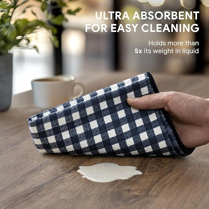 RECYCO Waffle Kitchen Towel Set of 2 - Quick Dry Microfiber Sustainable Dish Towels - Ultra Absorbent Reusable Cleaning Tea Towels - Lightweight Hand Towels,16”x 28”, Navy Blue Plaid